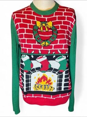 ❤️Festive Green & Red Holiday Fireplace Sweater by Ugly Christmas Sweater